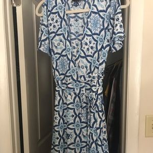 Blue and white flutter-sleeve wrap dress